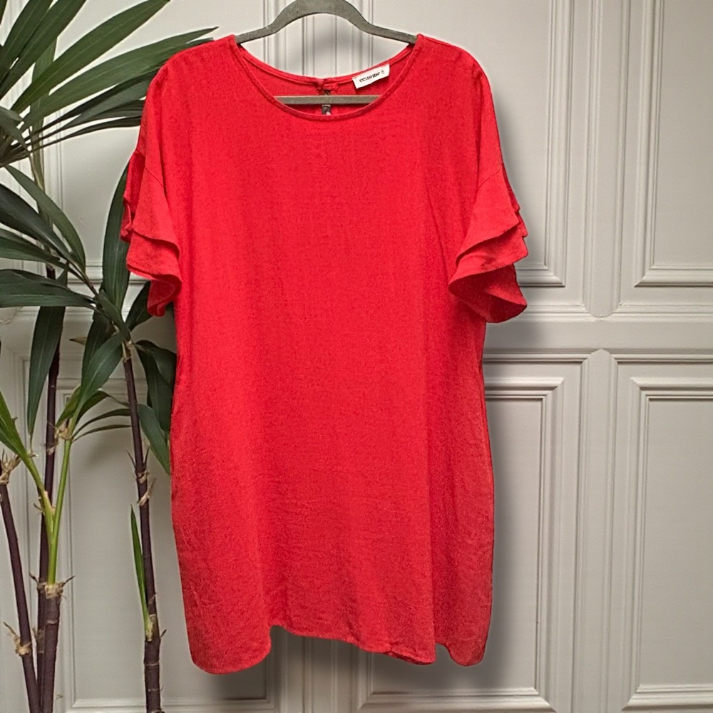 ee:some Red 100%‎ Linen Tiered Ruffle Sleeve Shift Dress W/Pockets Medium